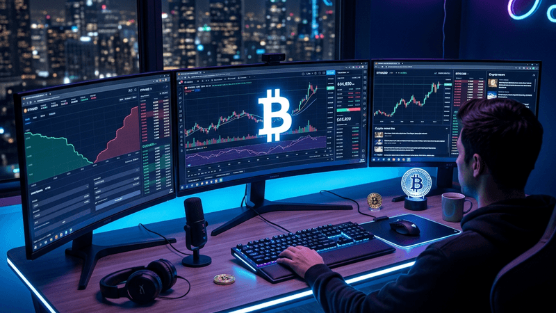 Modern cryptocurrency trading setup with Bitcoin on screen and neon lighting